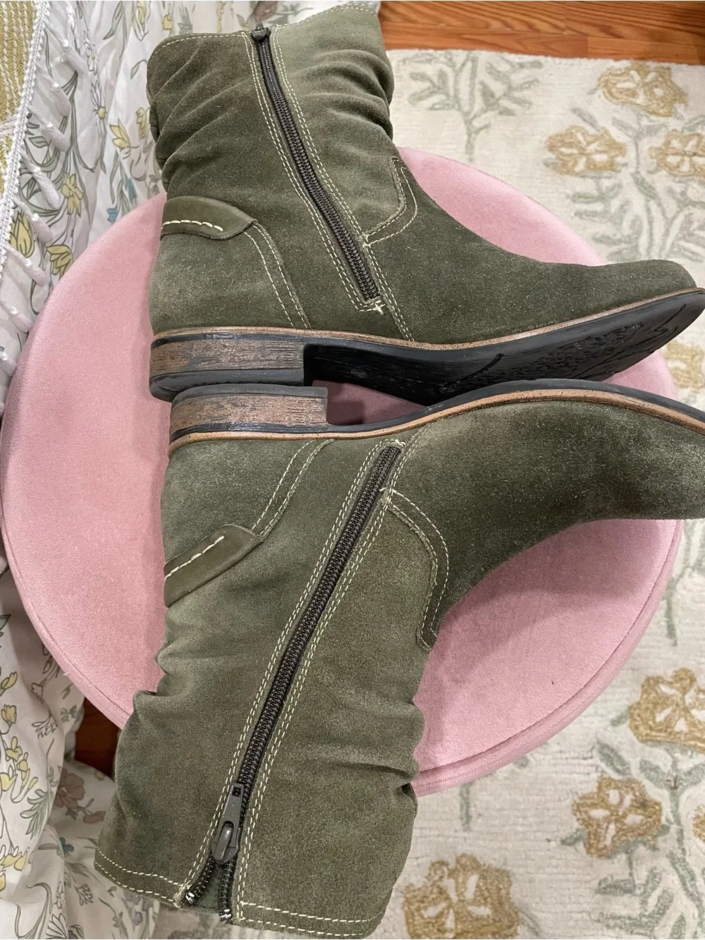 Earth Olive Green Suede Avani Slouch Zip Ankle Boots